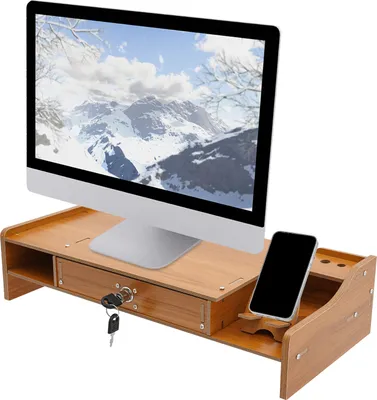 Dřevěný stojan na monitor se zásuvkou + zámek 48x20x10,5cm Nástavec na stůl Vyvýšení monitoru Stojan na počítač