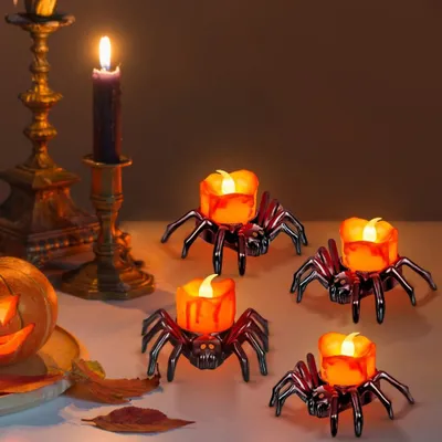 Produktbild von 12 Stk. Halloween Teelichter, batteriebetriebene flammenlose LED Kerzen, Spinnen Teelichter, flackernde Fake Kerzen für Halloween Party Deko