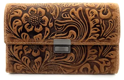 Produktbild von Feminine echt Leder Damen Kellnerbörse Geldbörse lang, geprägtes Vollrindleder Florale Motive, Ranken und Blüten