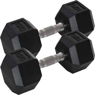 Immagine prodotto di Set di manubri corti, 2 pezzi - Manubri esagonali - Pesi in ghisa rivestiti in gomma - 2 x 15 kg - Allenamento della forza - Braccia