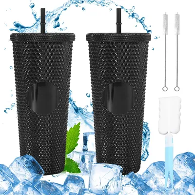 Imagen del producto de Juego de vasos térmicos, 2 unidades de 750 ml, con tapa y pajita, reutilizables, ideales para camping