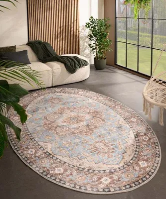 Image de Tapis d'intérieur et d'extérieur vintage ovale Unyqoos® Valenca Fino, bleu clair, 160x230 cm, lavable avec structure 3D