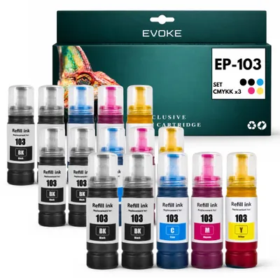 Produktbild von Evoke kompatible Tinte für Epson 103 XXL 15x 3x CMYKK:6x Schwarz+3x Cyan+3x Magenta+3x Gelb 1050 ml 112500 Seiten L1100 1200 1210 1250 3100 3110 3111 3116 3150 3151 3156 3160 3200 3210 3211 3250 3251 3256 3260 3266 5190 5200 5290 5296