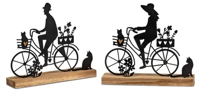 Produktbild von 2er Set Dekoobjekte Fahrrad auf Sockel mit Katze H. 18cm Holz + Metall Formano
