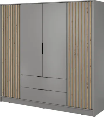 Produktbild von Schlafzimmerschrank 206 x 200 x 51 cm John 4D (Artisan + Grau) mit 4 drehbaren Türen und 2 Schubladen Latten aus Holz Loft Style Industrieller Schrank Kleiderschrank (Spannstange) mit Regalen