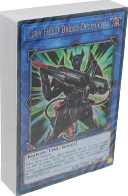A deck of Yu-Gi-Oh! cards with the 'Xtra-Held Dread Decimator' card prominently displayed on the front.