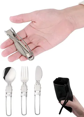 Produktbild von Unyqoos® Inklappbares Besteckset aus SUS304-Edelstahl – kompakt & leicht (75 g), Gabel, Löffel & Messer, 100% Baumwollbeutel, wiederverwendbar für Camping & Reisen