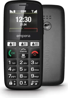 A black Emporia HAPPY (E30_001) senior phone is shown from the front and back.