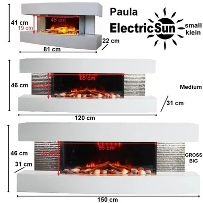 Diagrams showing dimensions of three different sizes of electric fireplaces.