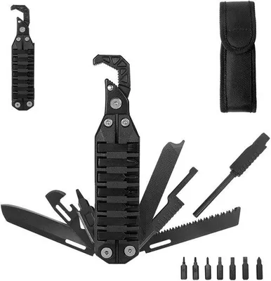 Productafbeelding van Zakmultitool 10-in-1 - Opvouwbaar - Sleutel/Blikopener/Flesopener - Zaag/Mes - Schroevendraaier/Vijl - Vuurstarter/Fluitje - Lichtgewicht 228,8 g - Multitool