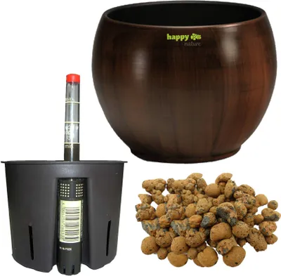 A set of items for planting, including a decorative pot, an inner pot with a water level indicator, and a pile of expanded clay.