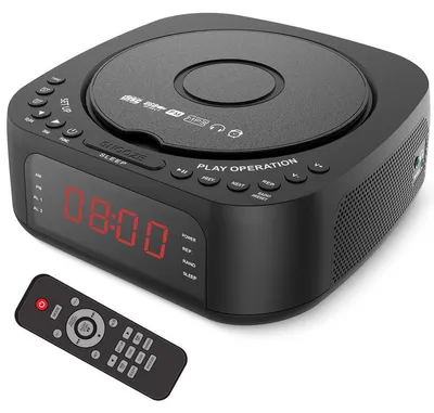 Produktbild von Bluetooth CD Player mit kabellosem Ladegerät – FM-Radio, Doppelwecker – Mit Schlummerfunktion und Fernbedienung – tragbarer CD-Player für Zuhause