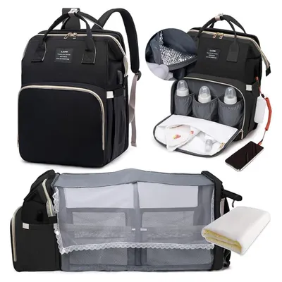Produktbild von Windelrucksack mit Wickelstation,wasserdicht,großes Fassungsvermögen, Taschen+USB-Anschluss,klappbare Wickelunterlage,Reise-Rucksack für Neugeborene