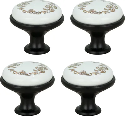 Zdjęcie produktu dla Wysokiej jakości czarne ceramiczne gałki meblowe w stylu retro, zestaw 4 z matowym wykończeniem do szafek i szuflad, łatwe w montażu i trwałe.