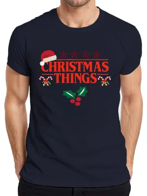 Productafbeelding van KERSTPRODUCTEN: Kerstmanhuisje, Stranger Things, Demogorgon, Kerst, Serie, Heren T-shirt, Marineblauw, Maat M