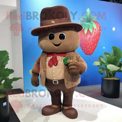Produktbild von Brauner REDBROKOLY Erdbeer Maskottchen Kostüm charakter bekleidet mit einer Bootcut jeans und Hutnadeln