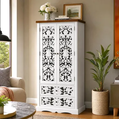 Produktbild von Landhausstil Hochschrank 85x40x170cm Weiß, Anrichte mit geschnitzten durchbrochenen Türen & 2 Schubladen, mit Kippschutz für Küche & Wohnzimmer