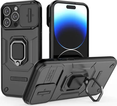 Image de Étui pour iPhone 15 Pro Max étui double couche avec protection coulissante de l'appareil photo et support d'anneau, stand noir