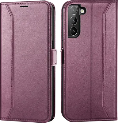A purple flip case for a Samsung Galaxy S21 FE phone is shown from two angles.