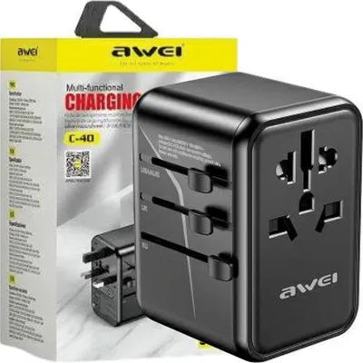 Obrázok produktu pre Awei adaptér Siec 2Xusb+3Xusb-C C-40 65W 4W1 Us/Au/Eu/Uk Czarny/Black Univerzálna cestovná nabíjačka