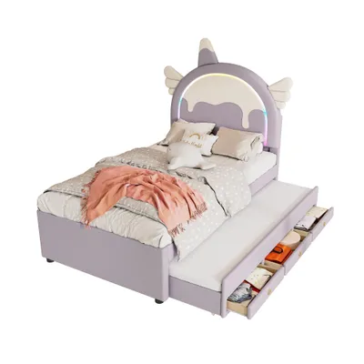 Produktbild von Polsterbett mit Stauraum und LED-Beleuchtung, 90x200 cm, Kopfteil höhenverstellbar, Kinderbett, Einzelbett, Kunstleder