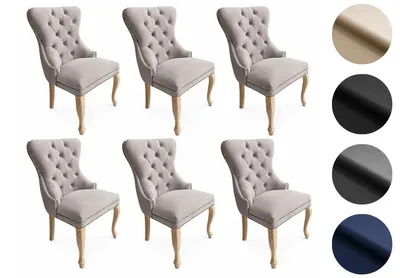Produktbild von Chesterfield Stuhl MADAME 2 (6 Stück) – eleganter Polsterstuhl im Glamour-Stil, Samt Hellgrau, Holzbeine in hellem Rustikal-Finish, Komfortsitz