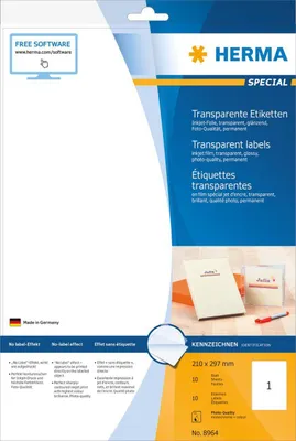 Produktbild von A3-Etiketten transparent 297x420 mm Folie glänzend 50 St.