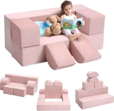 Produktbild von Modulares Kinder Spielsofa – 100x50x40 cm – Rosa Schaumstoff Kindersofa mit Kissen & Aufbewahrungsfächern – Für Spielzimmer & Schlafzimmer