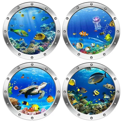 Immagine prodotto di Adesivo da parete 3D, mondo sottomarino - Adesivi per cameretta dei bambini - Adesivi per bagno - Adesivi con animali marini - Confezione da 4 pezzi - Materiale: PVC - Dimensioni: 30 x 30 cm - Adesivo da parete