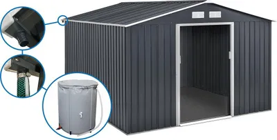 Image de Abri de jardin métal - "Vegas"- 12.98 m² avec gouttière et récupérateur d'eau - "Vegas" - Gris