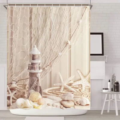 Produktbild von Duschvorhang aus Stoff mit Ringen – 200 x 200 cm – Muschelmuster – Digitaldruck – Polyester – Schimmelresistent – Beige