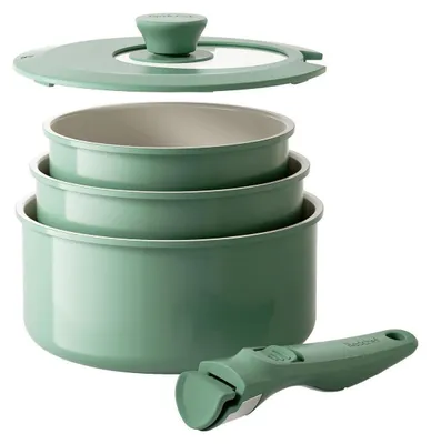 Immagine prodotto di Set di pentole con manici removibili, rivestimento antiaderente in Vetroceramica, 16/18/20 cm, coperchio 3-in-1, compatibile con piani cottura a induzione, adatto al forno, colore verde