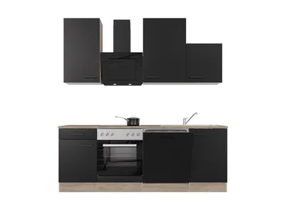 Produktbild von Küchenzeile mit E-Geräten & Geschirrspüler - 220 cm breit - Schwarz matt Endgrain Oak – Capri