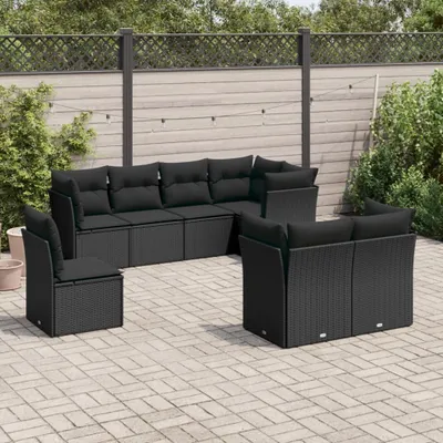 Produktbild von Design 8-tlg. Garten-Sofagarnitur mit Kissen Schwarz Poly Rattan, Gartenmöbel-Sets 2024 Neu