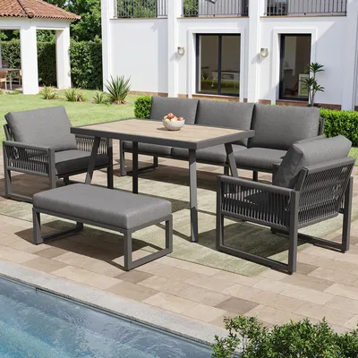 Produktbild von Merax Gartenmöbel Set Outdoor Sofa 6–7 Sitzer, Gartenlounge mit großem Esstisch, wetterfestes Terrassen Sofa Set für Balkon und Garten, Grau