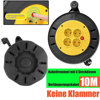 Produktbild von Schwere Kabeltrommel - 4-fach Steckdosenleiste - 10 m Verlängerungskabel - EU-Stecker - Thermo-Überlastschutz - für Werkstatt Garten Haushalt