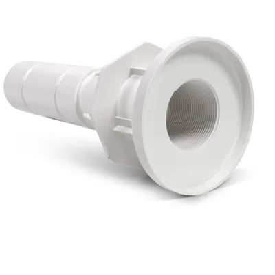 A white plastic plumbing fitting with a flange and threaded opening.