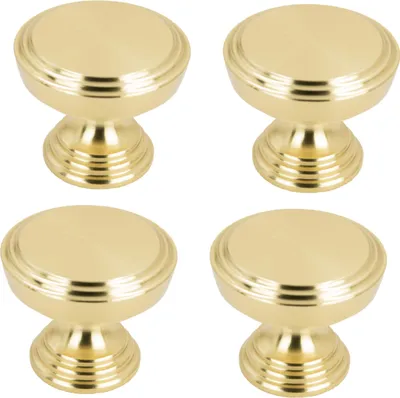 Produktbild von 4er Set runde golden Möbelknöpfe aus Aluminium mit mattem Finish, ideal für Schränke und Schubladen, langlebig und stilvoll.