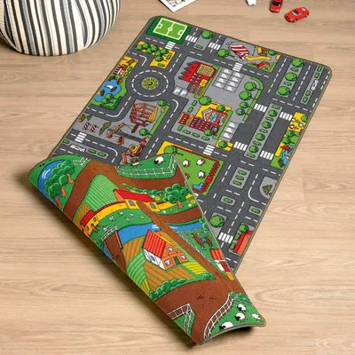 Obrázok produktu pre Obojstranná hracie podložka, 100 x 190 cm, s motívom mesta a farmy, vhodná do detskej izby a záhrady