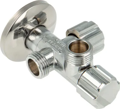 A chrome-plated brass angle valve with two outlets.
