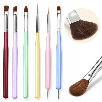 Image de Ensemble de pinceaux pour ongles en acrylique, 6 pièces – Pinceaux pour nail art, adaptés à la pose d'extensions, au modelage et aux ongles français. Poils en fibres synthétiques, lavables, adaptés à l'application de vernis