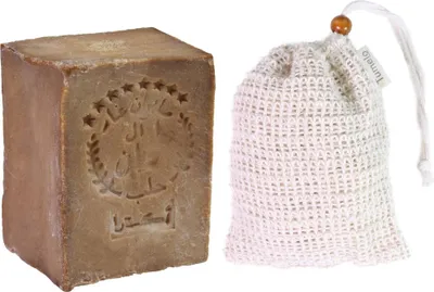 Produktbild von TUMELO Original Aleppo Seife 200g 95% Olivenöl 5% Lorbeeröl + Sisal Seifensäckchen, handgemachte Olivenölseife Naturseife