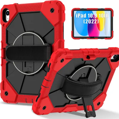 Obrázek produktu pro Pouzdro pro iPad 10th Gen 2022 10,9 palec, pouzdro na tablet s 360° otočným popruhem na ruku a stojánkem červené černé