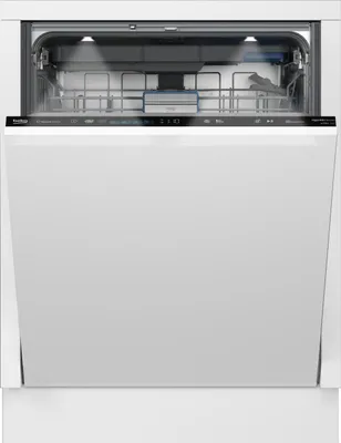 A white built-in dishwasher with its door open, showing the interior racks and control panel.