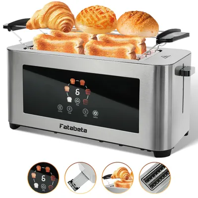 A stainless steel 4-slice toaster with a digital display and various bread items on top.
