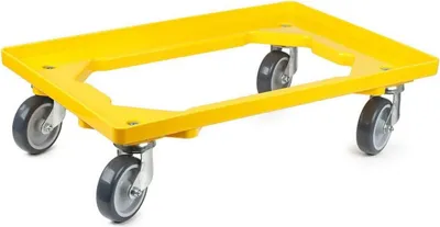 Produktbild von Transportroller für Euroboxen 60x40cm mit Gummiräder gelb | Offenes Deck | 2 Lenkrollen & 2 Bremsrollen | Traglast 300kg | Kistenroller Logistikroller Rollwagen Profi-Fahrgestell