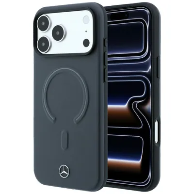 Productafbeelding van Mercedes 3D hoesje voor iPhone 18 Pro, MagSafe, kunstleer, antraciet, met metalen logo