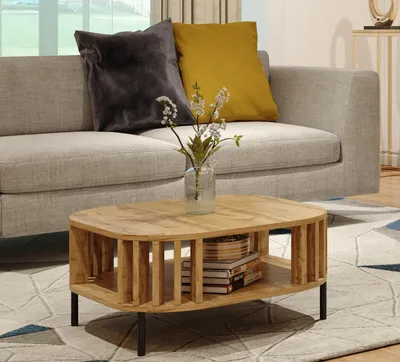 A living room scene with a couch and coffee table.