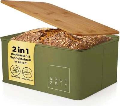 Produktbild von Lumaland Cuisine Brotkasten Brotdose aus Metall mit Bambus Deckel Brotbox rechteckig 30,5 x 23,5 x 14 cm 2in1 Brotbehälter & Schneidebrett Olivgrün