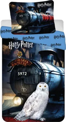 A Harry Potter themed duvet cover and pillowcase set featuring the Hogwarts Express and Hedwig.